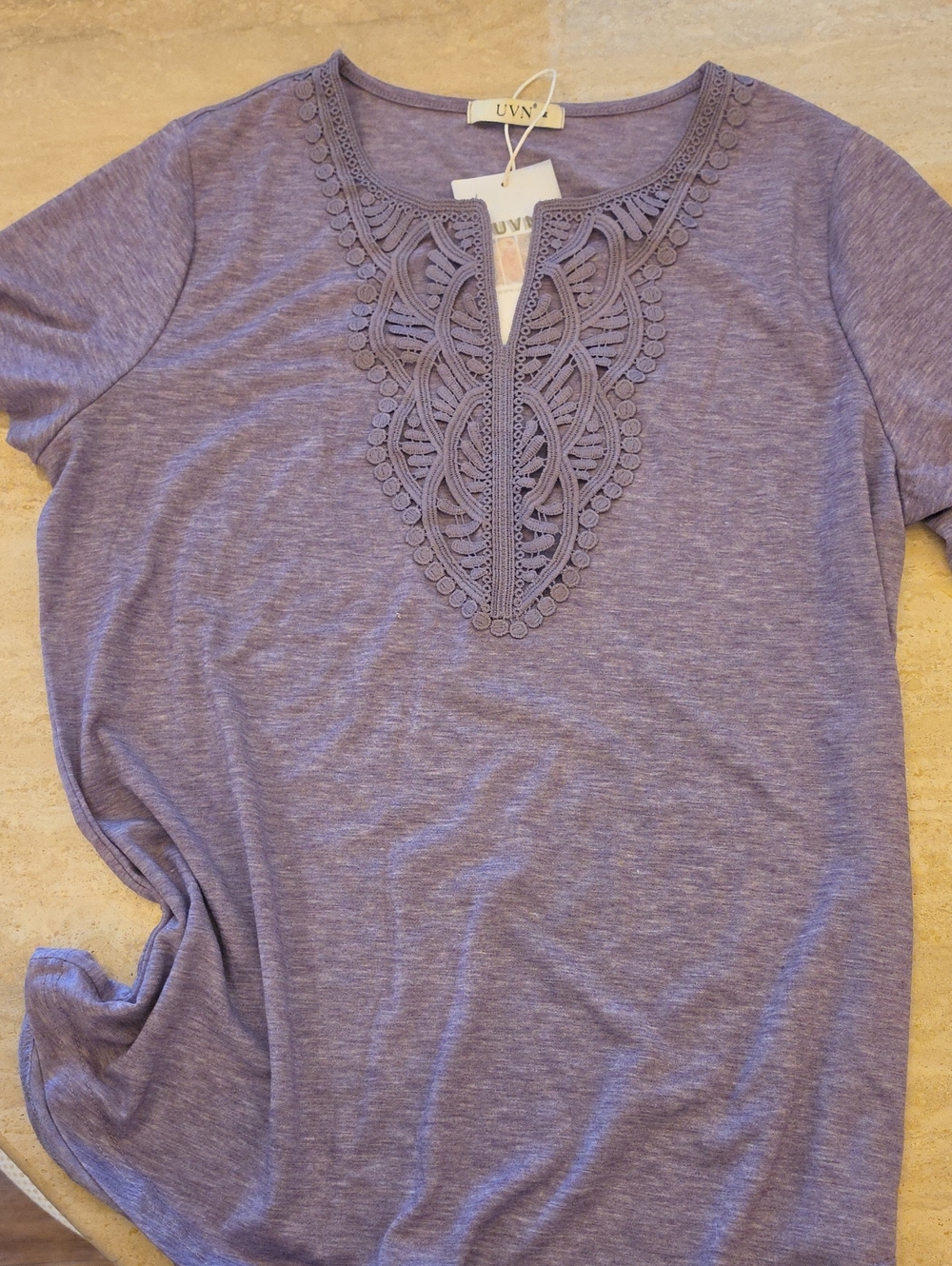 Lavender Short Sleeve Tee with Crochet-Trim V-Neck